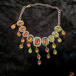 Statement Watermelon and Clear Rhinestone Bib Choker with Dangling Stones